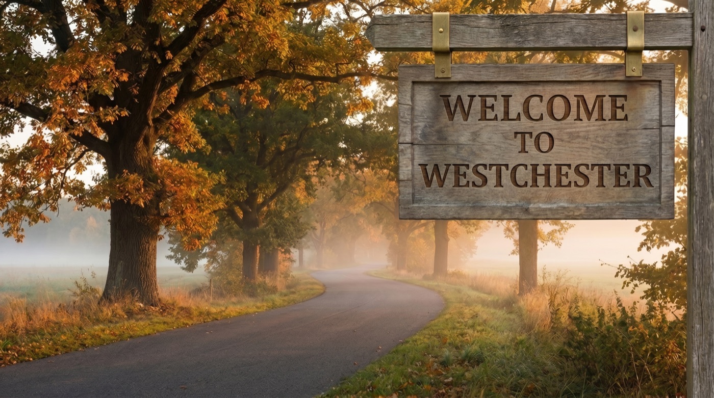 Welcome to Westchester sign on a tree-lined autumn road