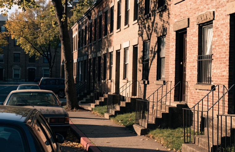 A Bronx street of attached brick rowhouses with stoops, trees turning yellow.